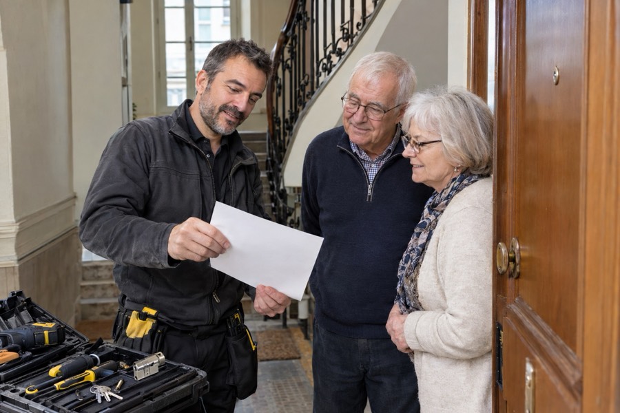 Artisan et cliente qui regardent un devis sur le palier d'un appartement
