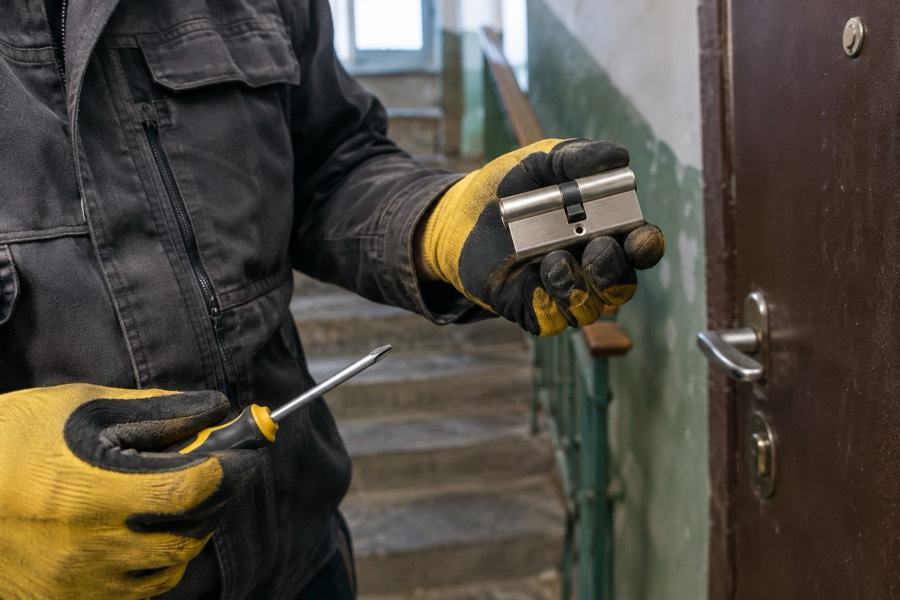 Gros plan sur les mains d'un serrurier qui remplace un cylindre